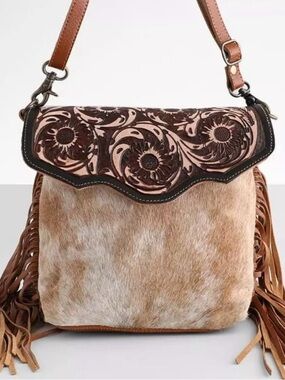 Myra Bag Tan & Brown Tooled Floral Haircalf Fringe Shoulder Bag